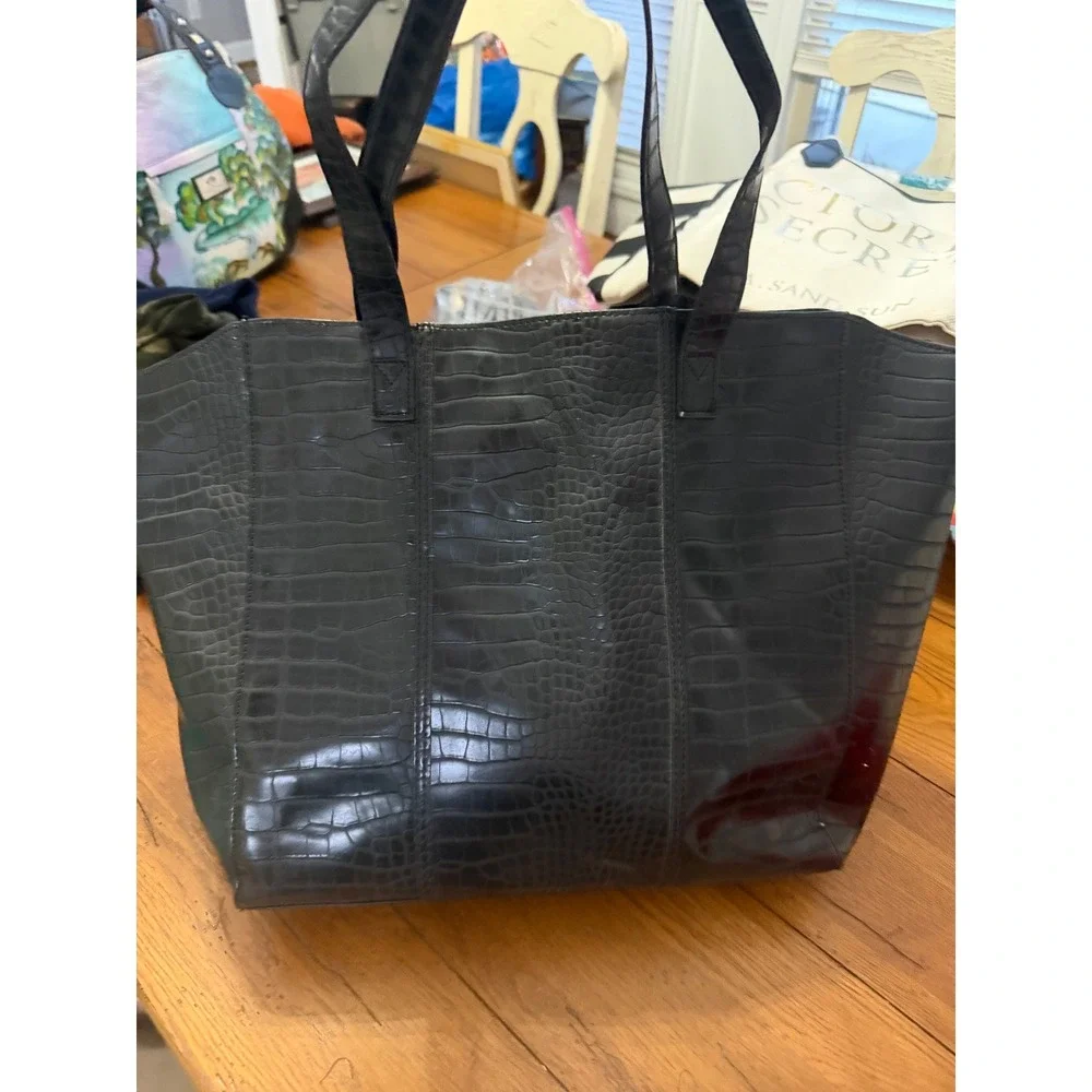 Neiman Marcus Black Embossed Crocodile‎ Faux Leather Tote Bag Large